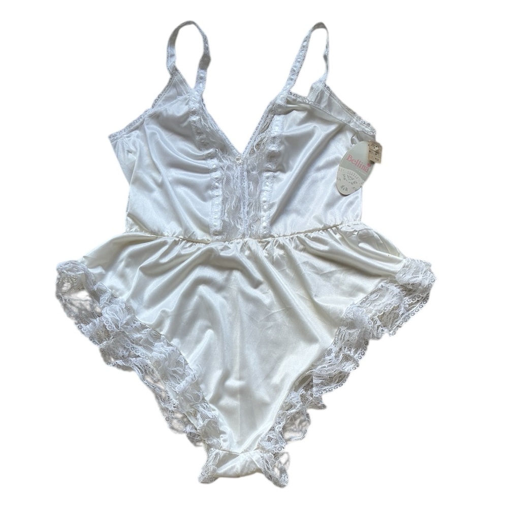 Bellina Vintage NWT 80s White Lace Trim Teddy Lingerie Size Medium Fits Small